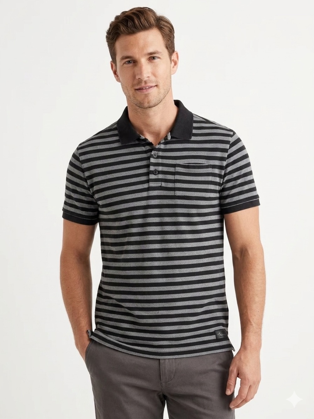 Roots Canada Men's Striped Short Sleeve Polo Shirt Grey Black Large - 611